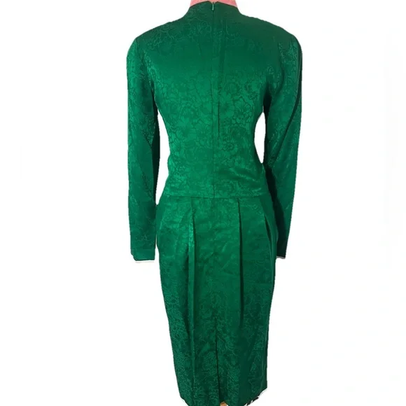 Vintage 90s Papéll Silk Green Floral Long Sleeve Pleated Sz 4 Button Midi Dress - Picture 4 of 7